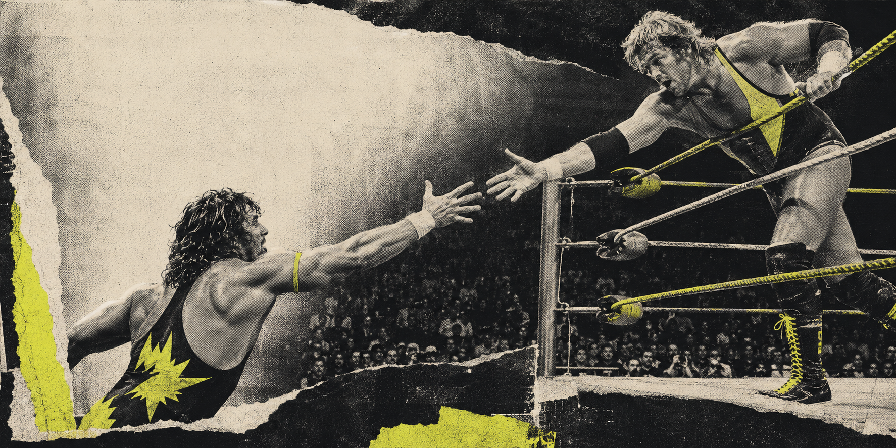 Two wrestlers reaching across the ropes for a tag